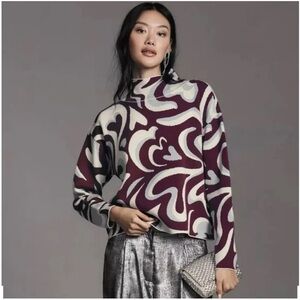 Anthropologie‎ Maeve NWT Plum Swirl Mock Neck Sweater Retro Mod Knit- Large